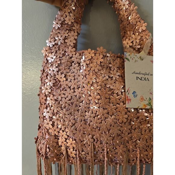 NWT Pink Floral Viral Beaded Fringe Handcrafted Made India Womans Purse Handbag - Picture 2 of 6